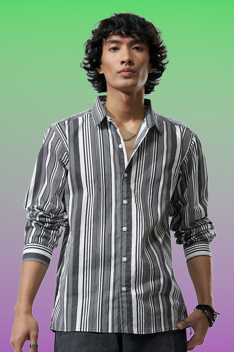Black Striped Regular Fit Casual Shirt For Men