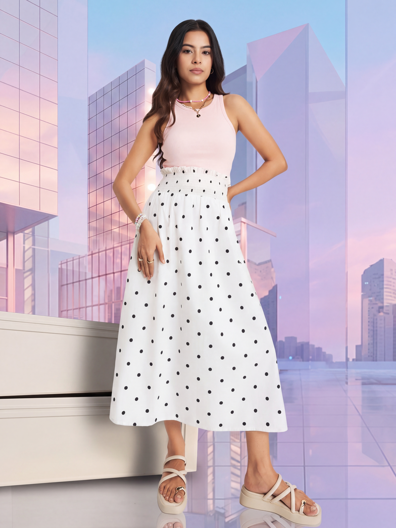 White Polka Dot Regular Fit Skirt For Women