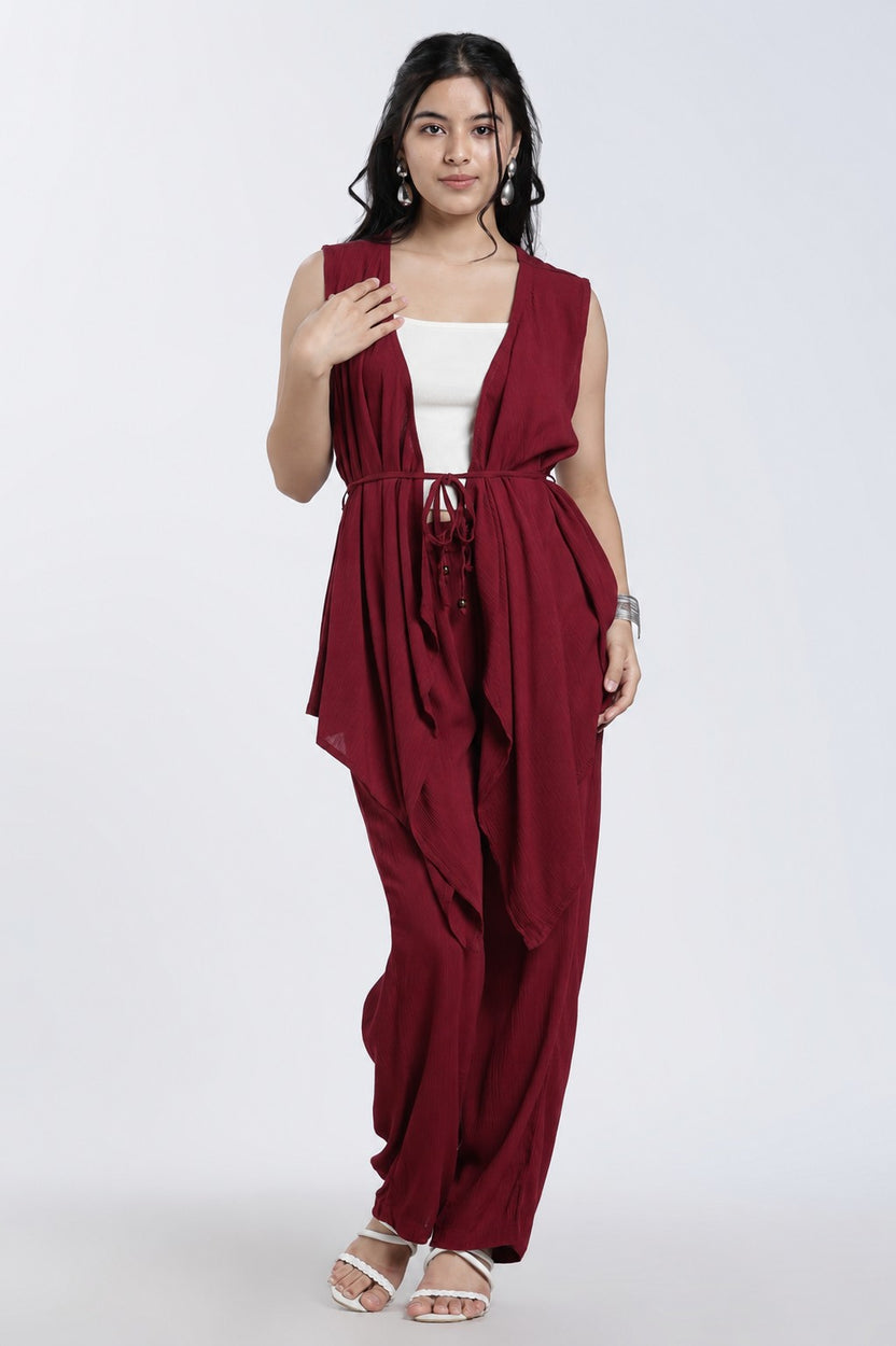 Red Solid Regular Fit Co Ord Set for Women - Image 1