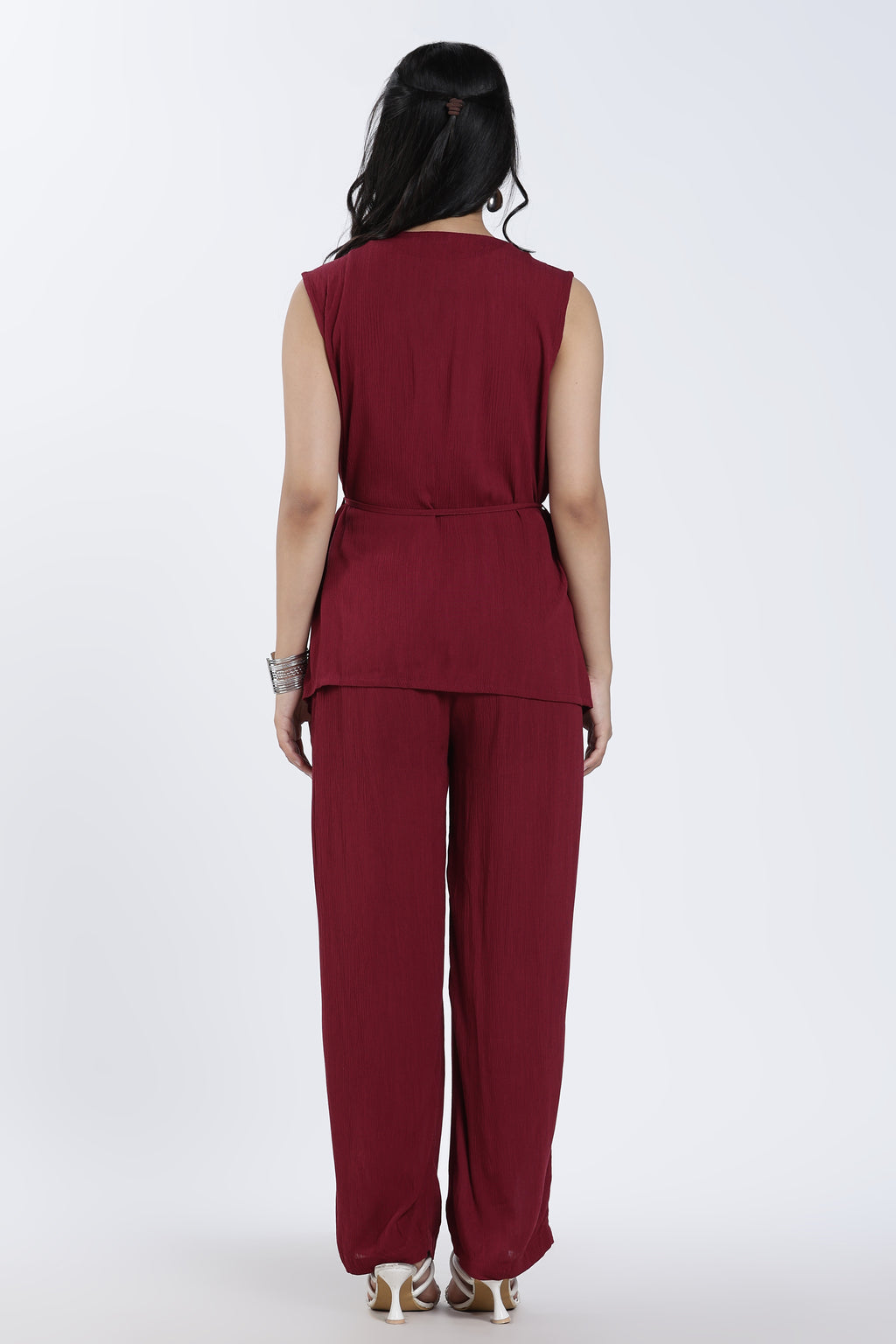 Red Solid Regular Fit Co Ord Set for Women - Image 4