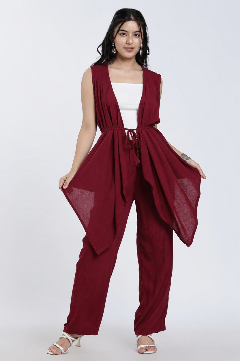 Red Solid Regular Fit Co Ord Set for Women - Image 5
