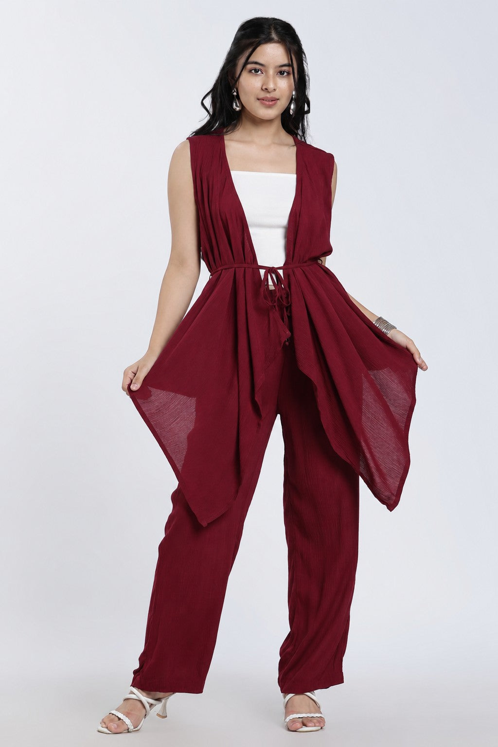 Red Solid Regular Fit Co Ord Set for Women - Image 5