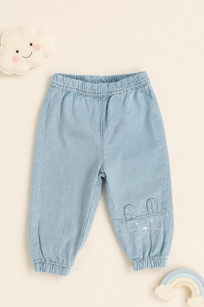 Light Blue Embroidered Rinse Wash Loose Fit Jeans For Infant Girls - Image 1