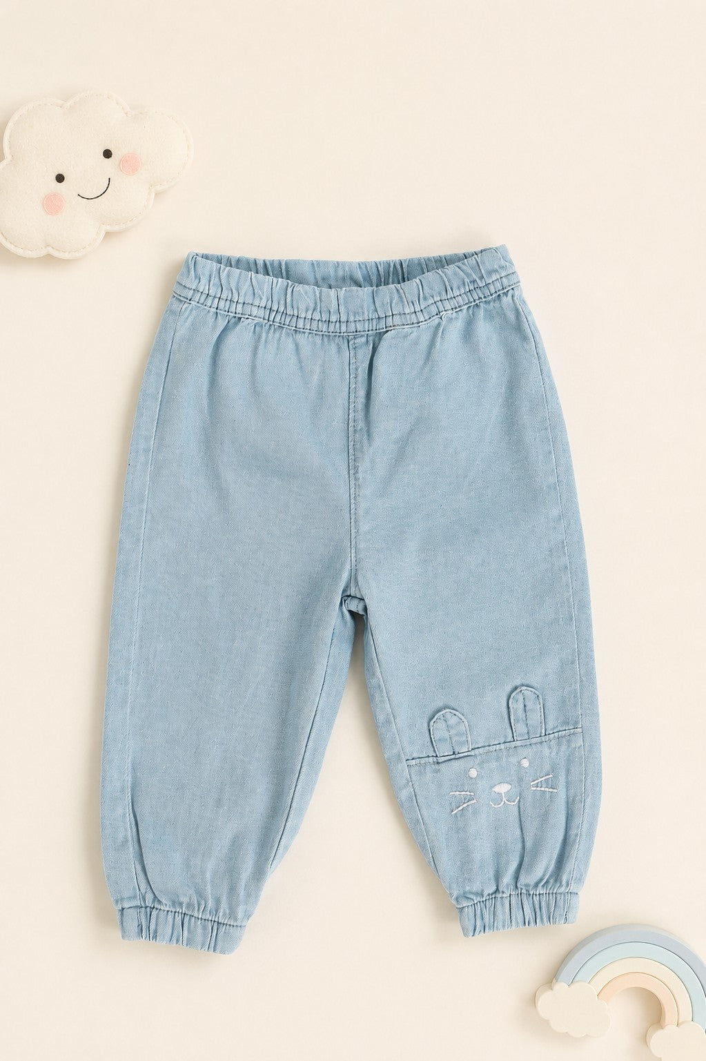 Light Blue Embroidered Rinse Wash Loose Fit Jeans For Infant Girls - Image 1
