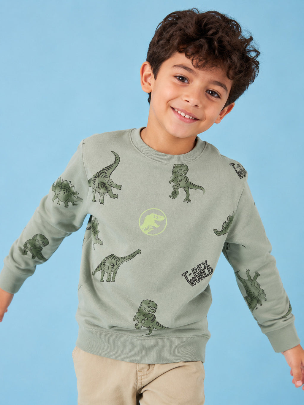 Green Dinosaur Printed Regular Fit Sweatshirt For Boys - Image 1