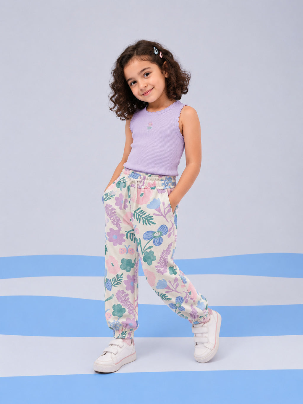Off White Floral Regular Fit Jogger With 2 Pocket For Girls - Image 1