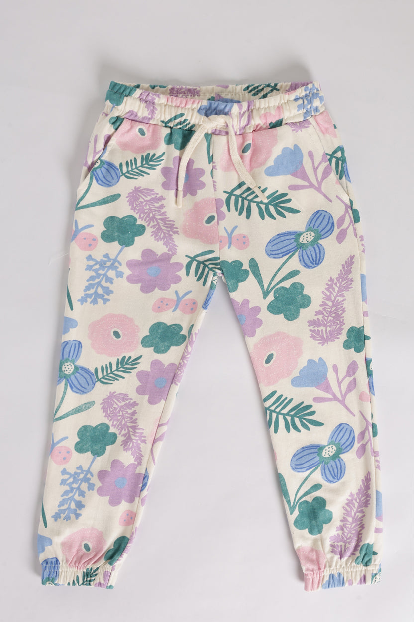 Off White Floral Regular Fit Jogger With 2 Pocket For Girls - Image 2