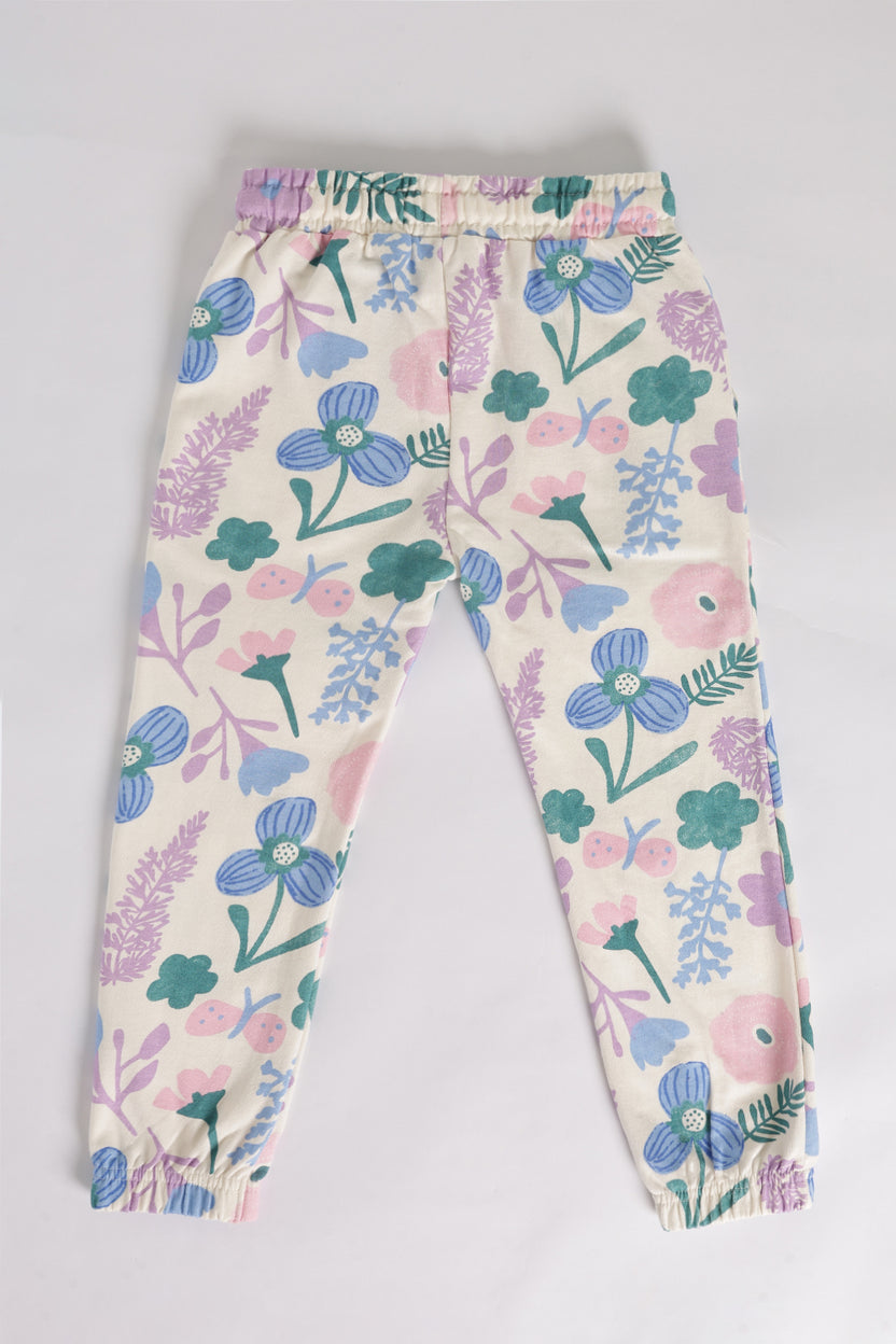 Off White Floral Regular Fit Jogger With 2 Pocket For Girls - Image 3