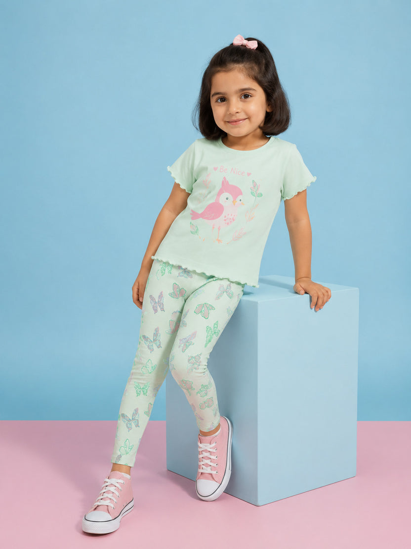 Green Mid Rise Regular Fit Legging For Girls - Image 1