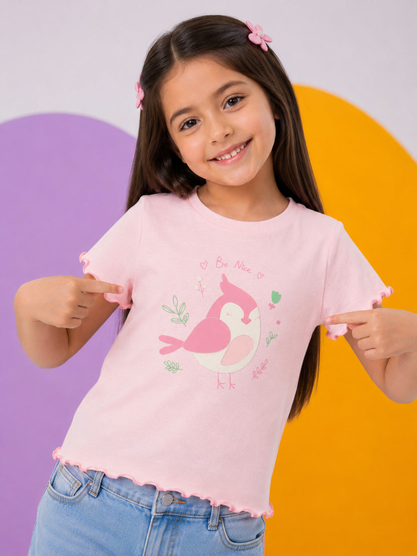 Pink Graphic Regular Fit T-Shirt For Girls - Image 1