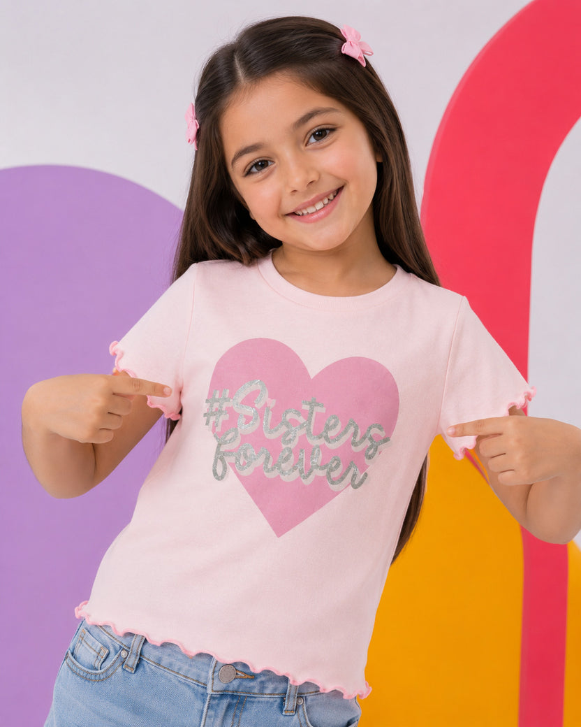 Pink Heart Regular Fit T-Shirt For Girls - Image 1