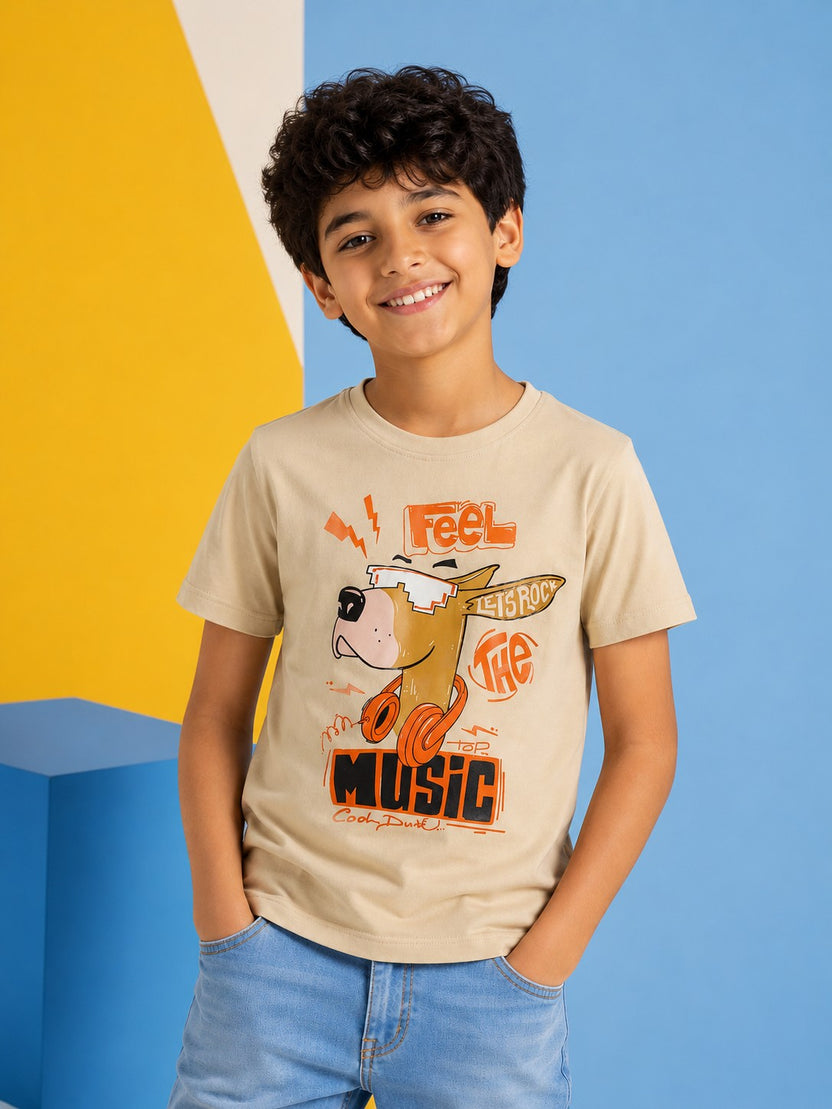 Beige Cartoon Regular Fit T-Shirt For Tweens Boys - Image 1