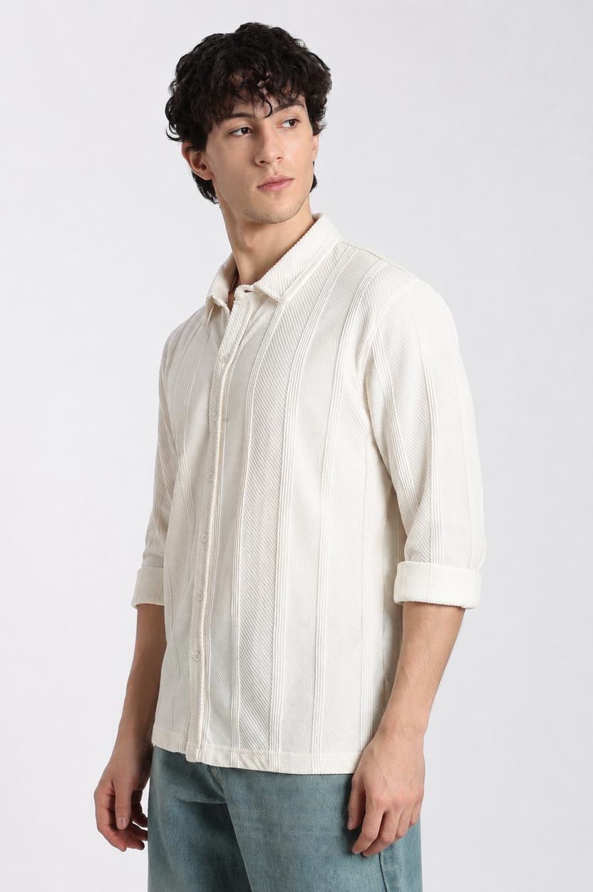 Off White Textured Regular Fit Shirt For Men - Image 4