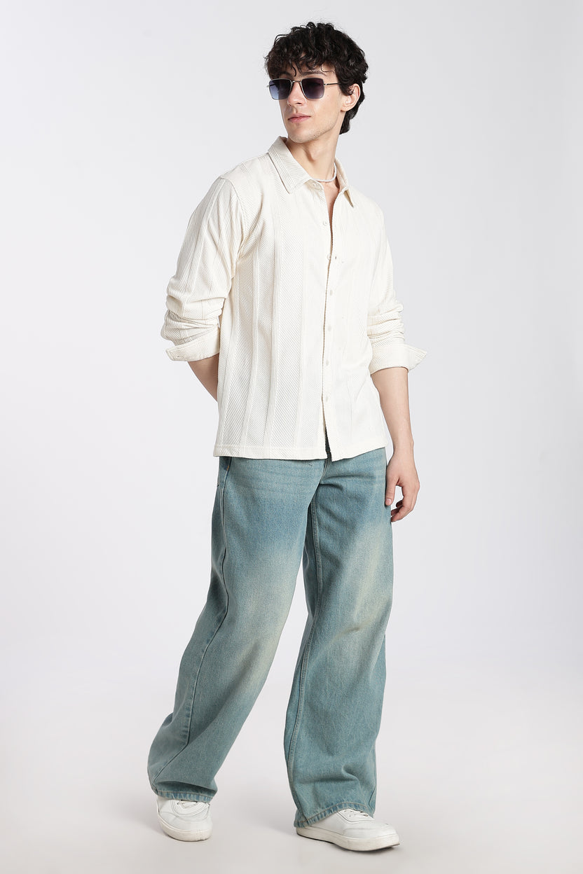 Off White Textured Regular Fit Shirt For Men - Image 6