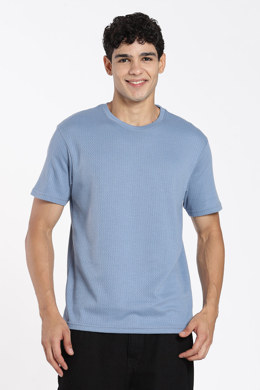 Blue Textured Regular Fit T-Shirt For Men - Image 2