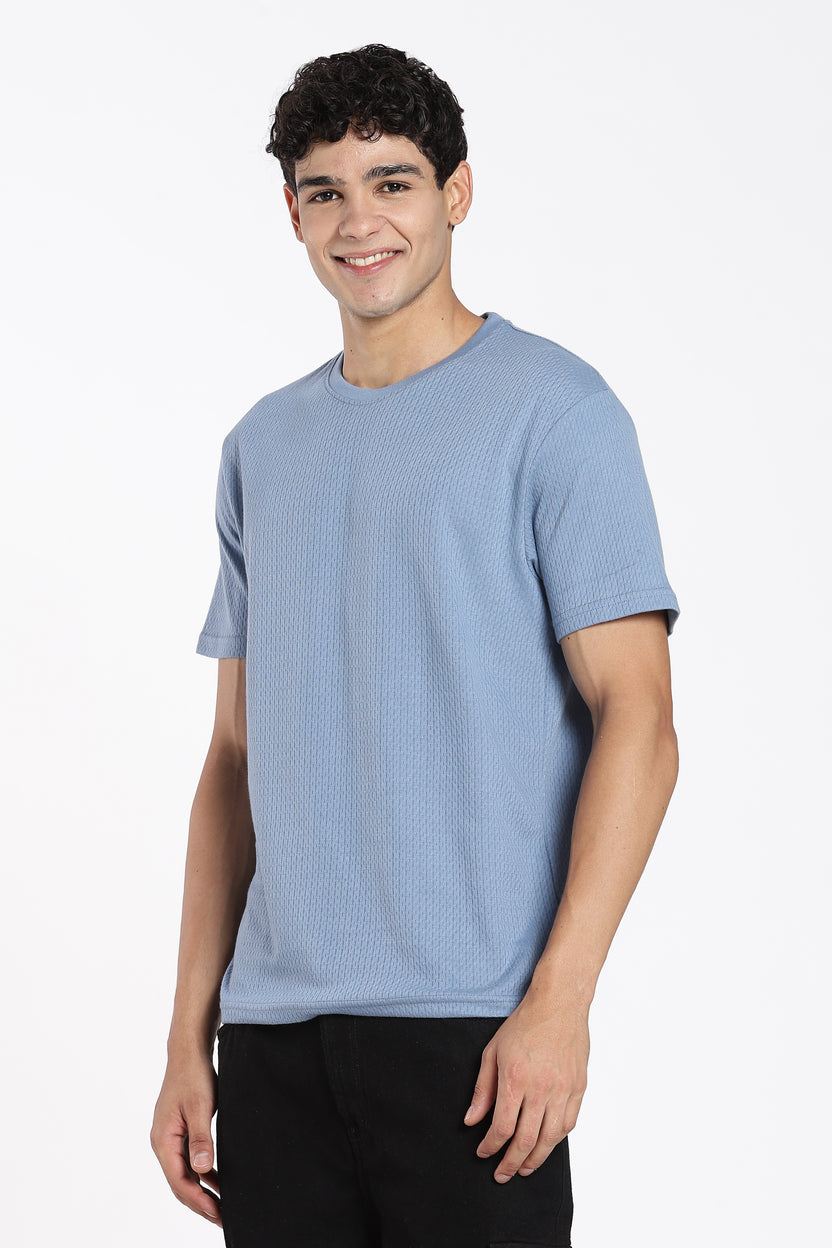 Blue Textured Regular Fit T-Shirt For Men - Image 4