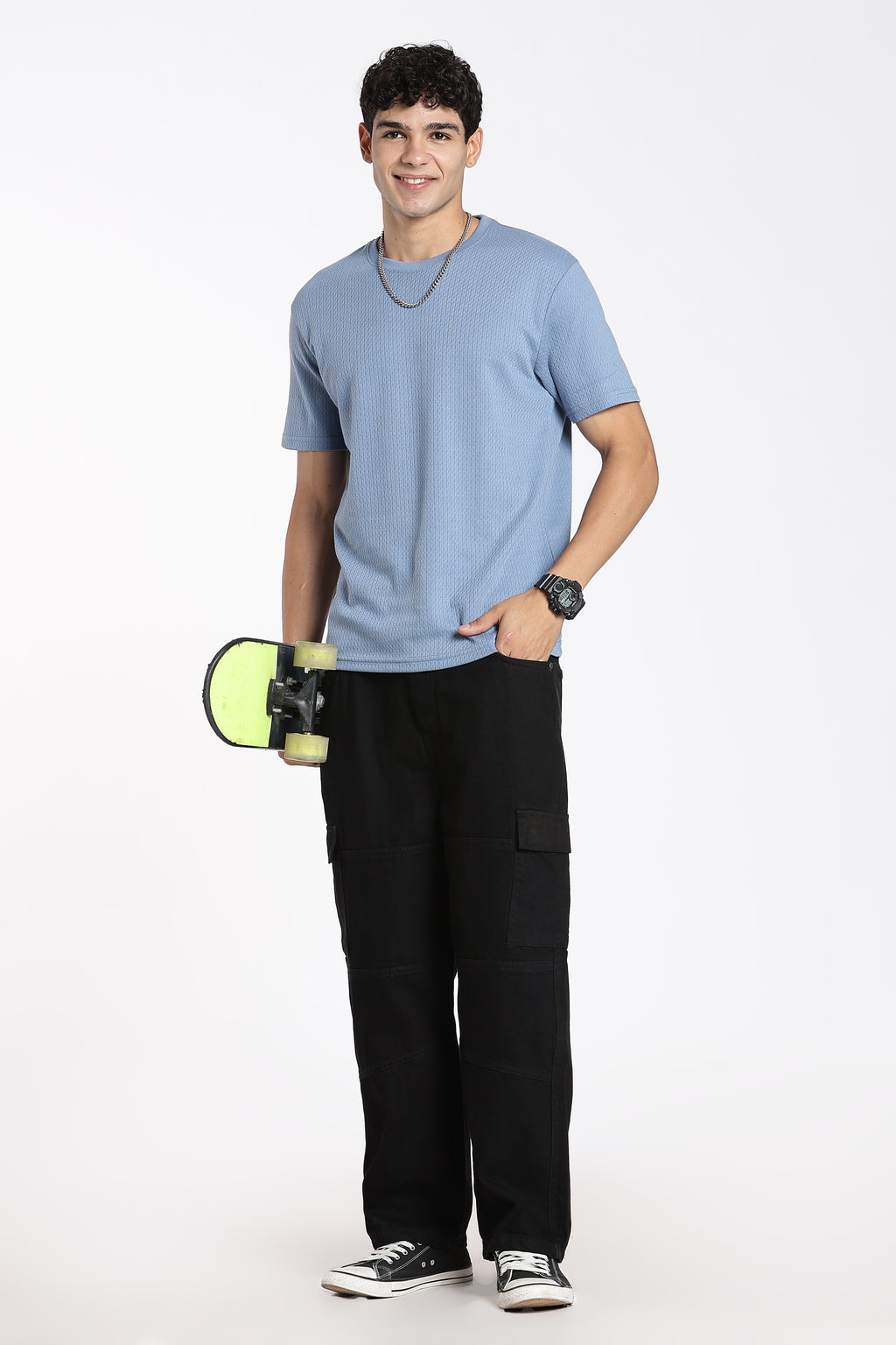 Blue Textured Regular Fit T-Shirt For Men - Image 6