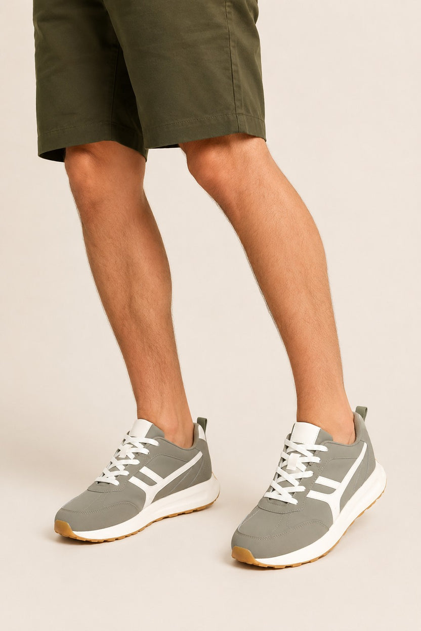 Olive Lace-Up Color Block Sneaker For Men - Image 1