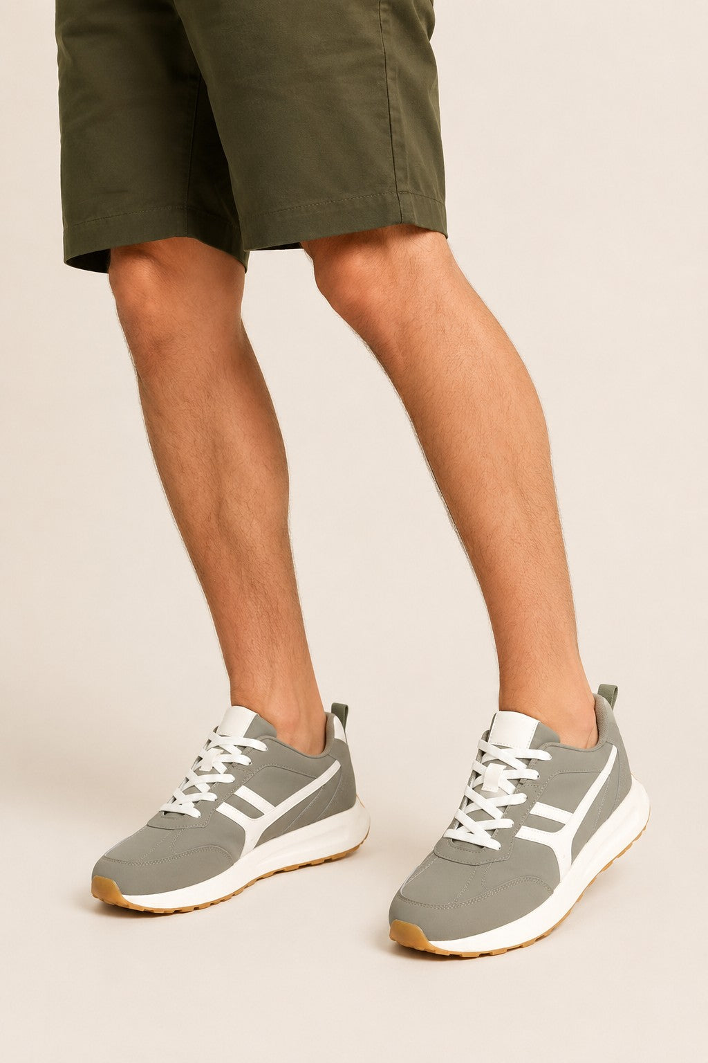 Olive Lace-Up Color Block Sneaker For Men - Image 1