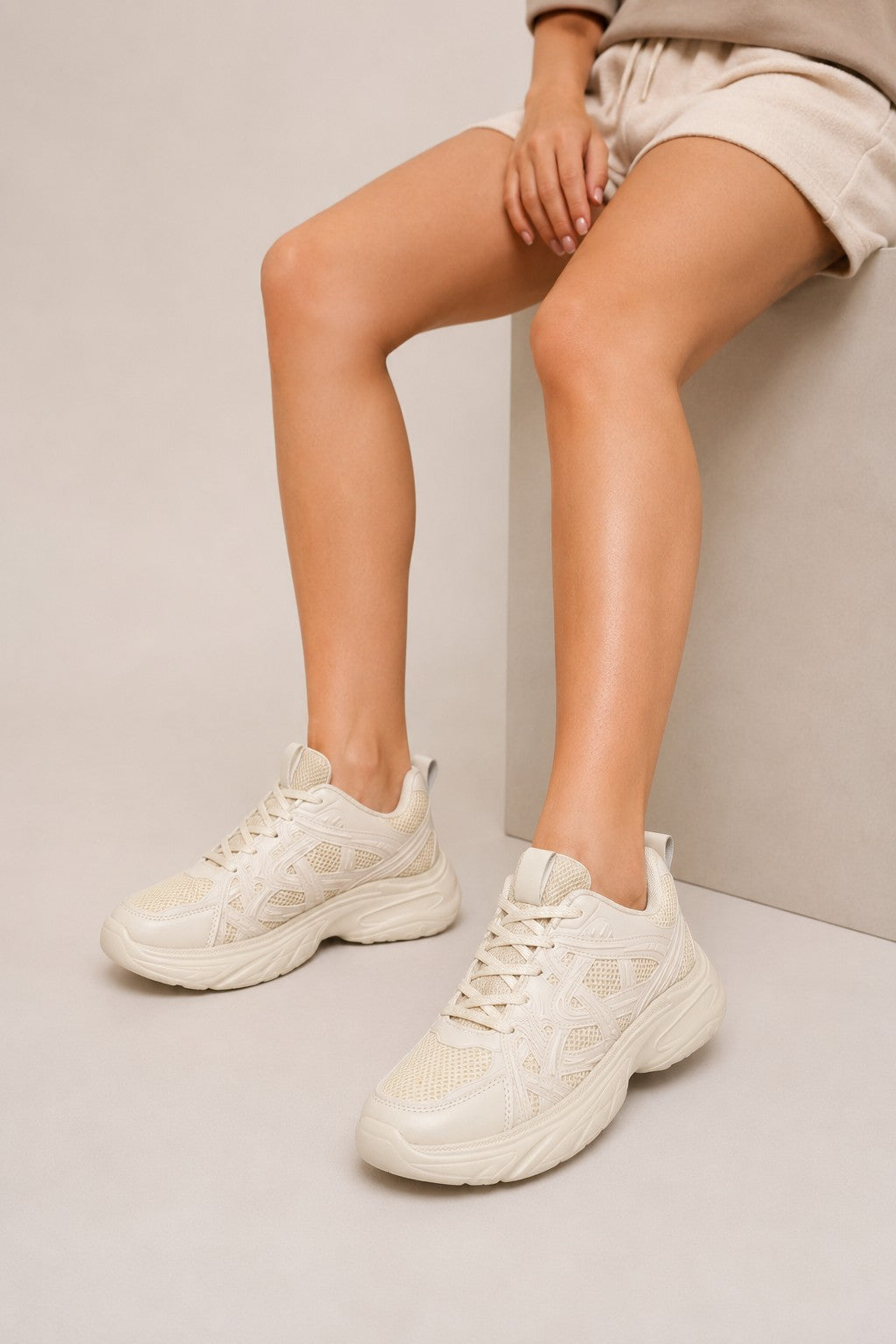 Beige Lace-Up Sneaker For Women - Image 1