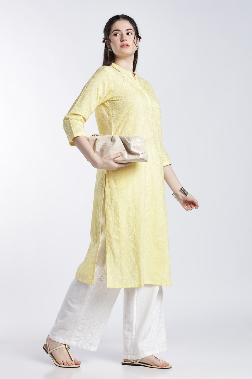 Yellow Embroidered Straight Fit Kurta For Women - Image 1