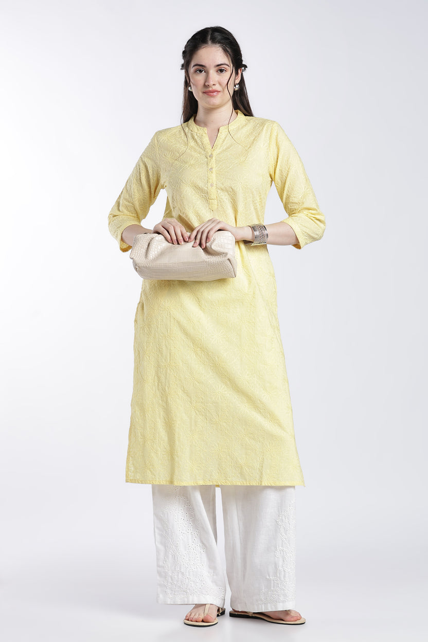 Yellow Embroidered Straight Fit Kurta For Women - Image 6