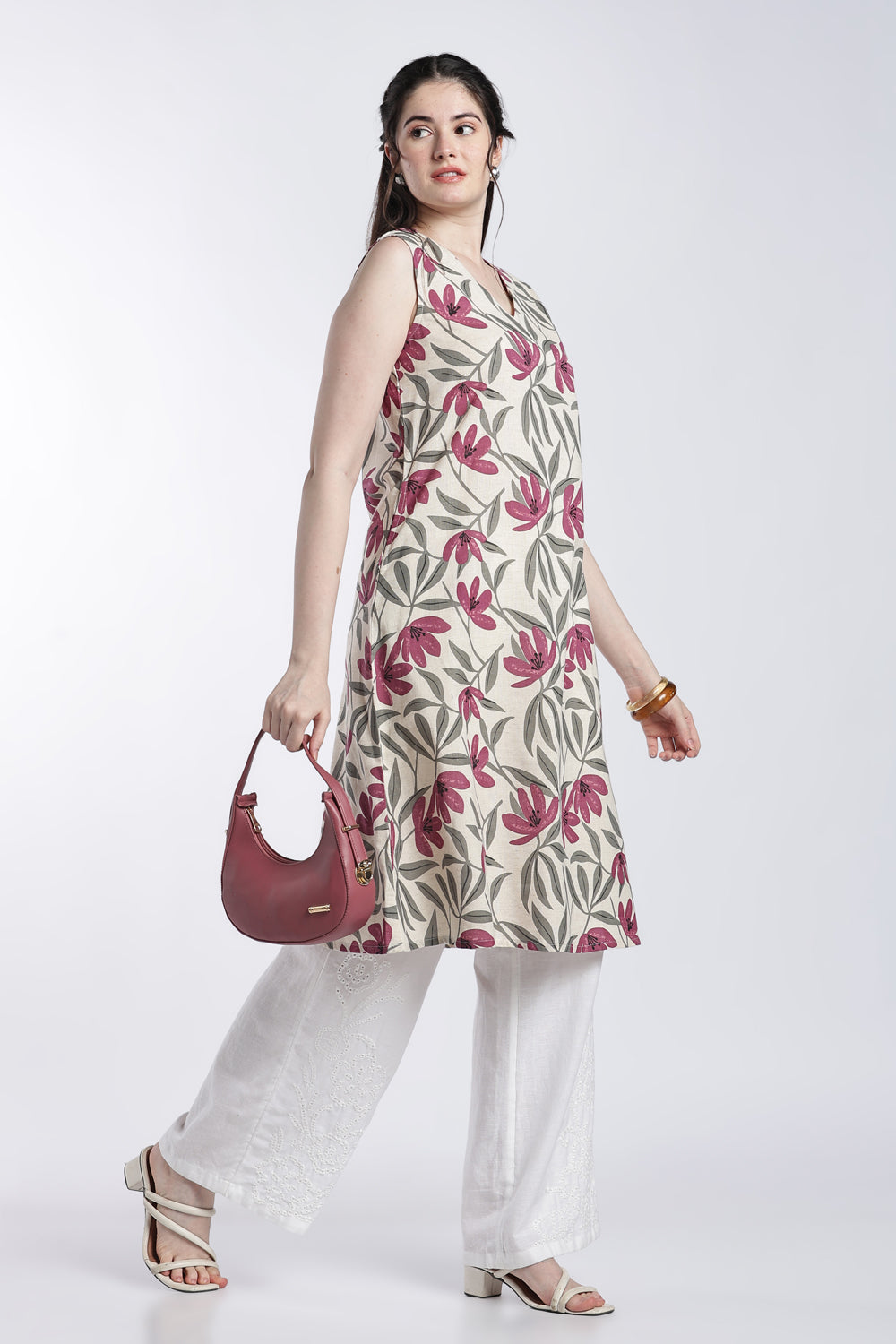 Pink Floral Regular Fit Kurta For Women - Image 1