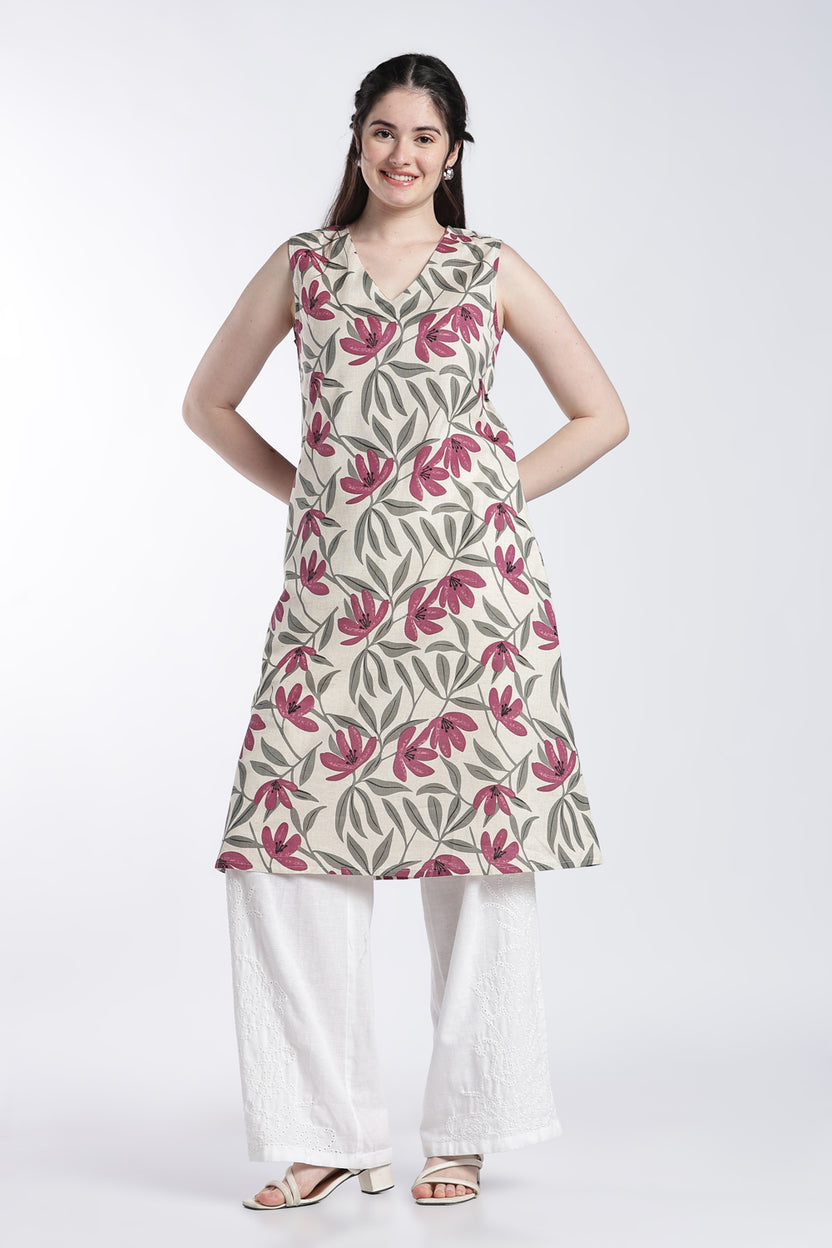 Pink Floral Regular Fit Kurta For Women - Image 2