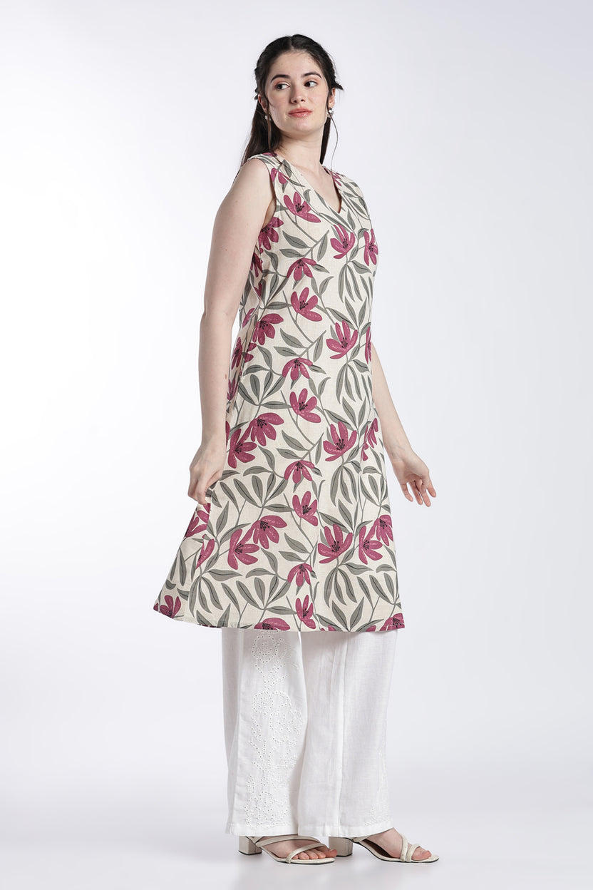 Pink Floral Regular Fit Kurta For Women - Image 4