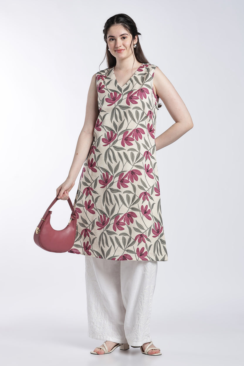Pink Floral Regular Fit Kurta For Women - Image 6
