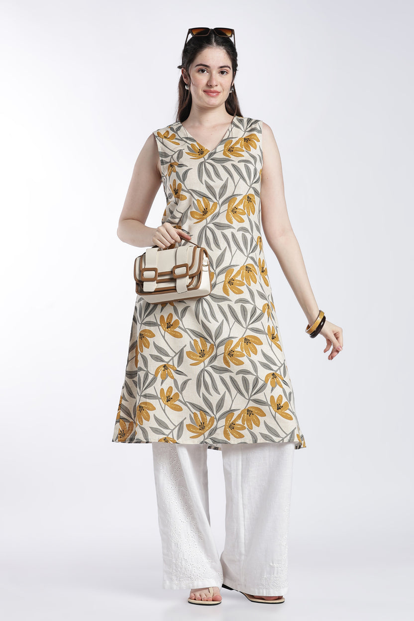 Yellow Floral Regular Fit Kurta For Women - Image 1