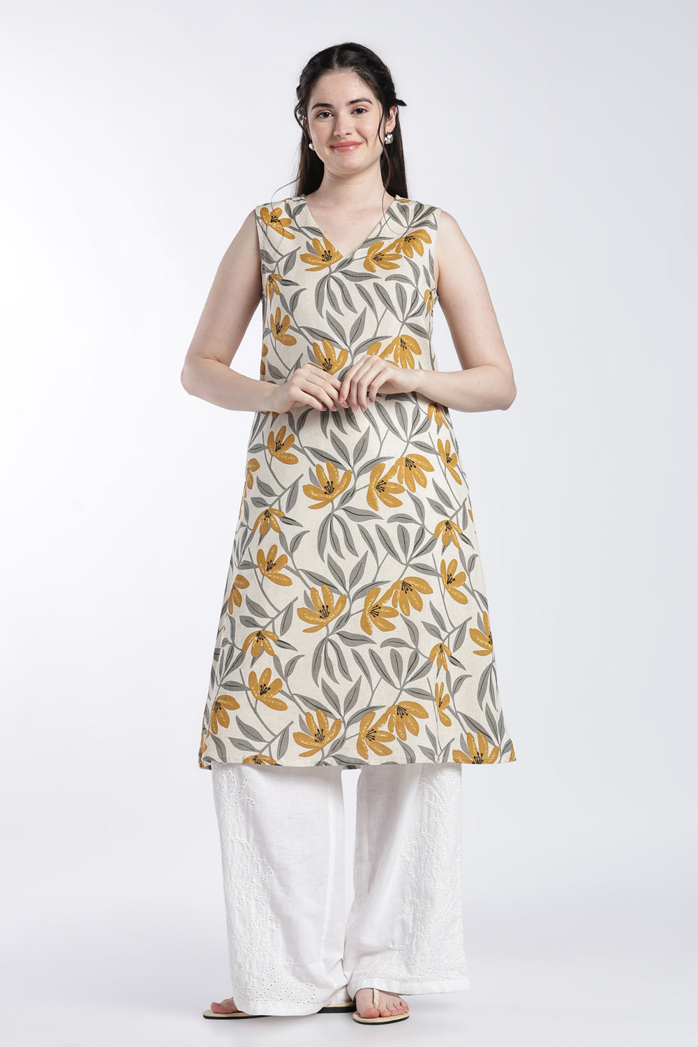Yellow Floral Regular Fit Kurta For Women - Image 2