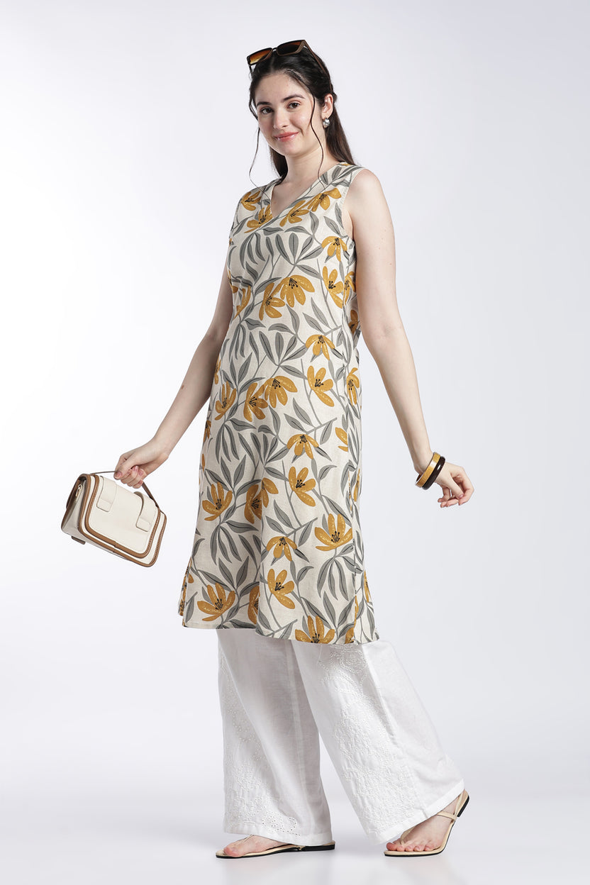 Yellow Floral Regular Fit Kurta For Women - Image 6