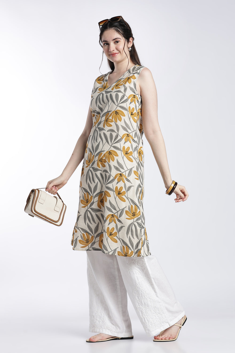 Yellow Floral Regular Fit Kurta For Women - Image 6