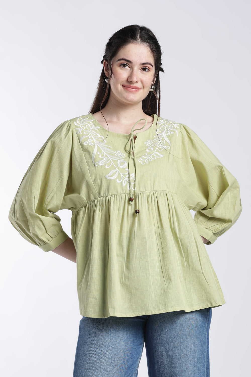 Green Balloon Sleeves Loose Fit Tunic For Women - Image 2