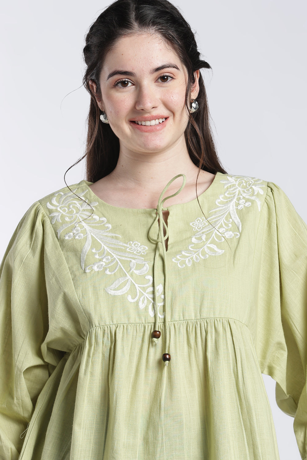 Green Balloon Sleeves Loose Fit Tunic For Women - Image 3