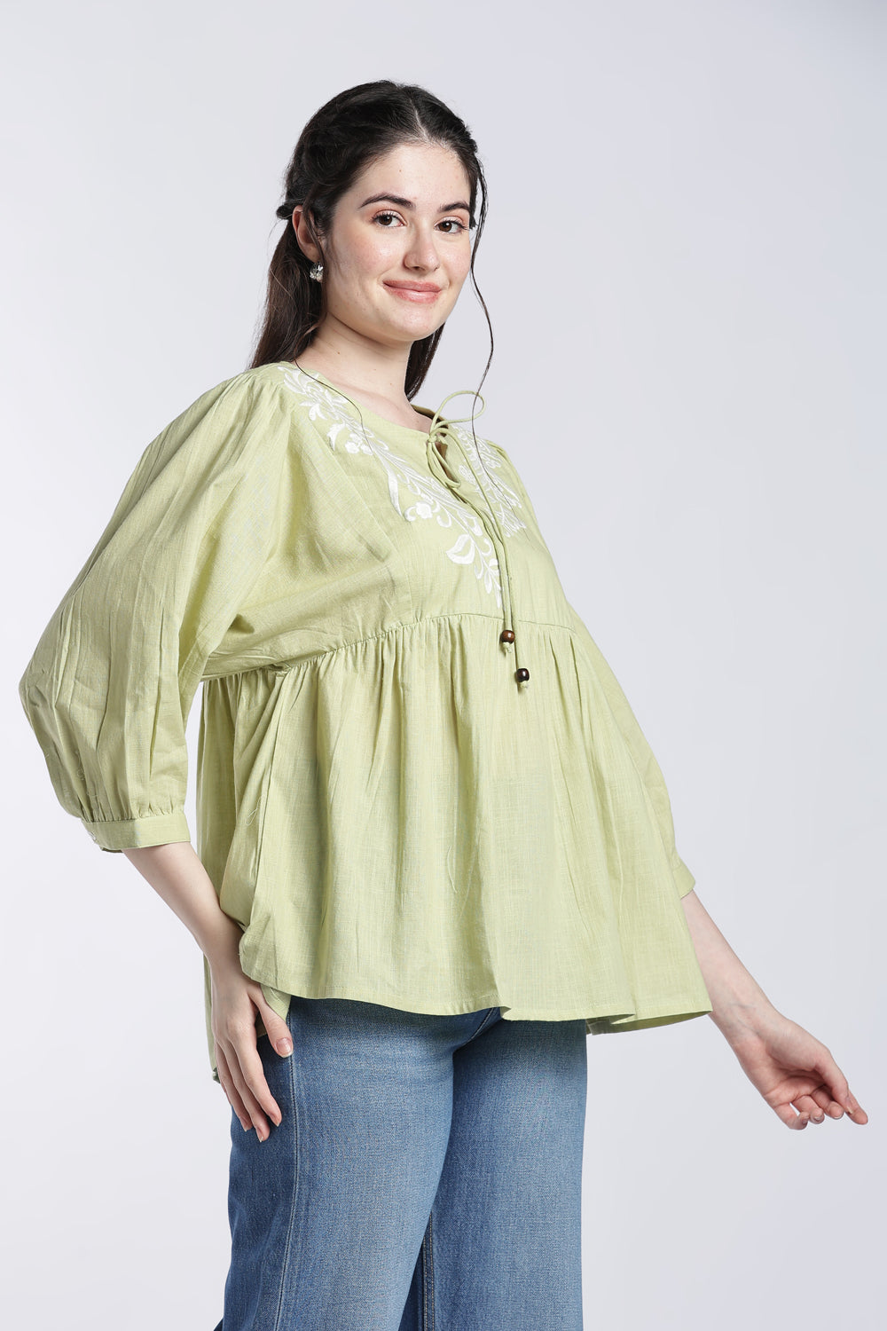 Green Balloon Sleeves Loose Fit Tunic For Women - Image 4