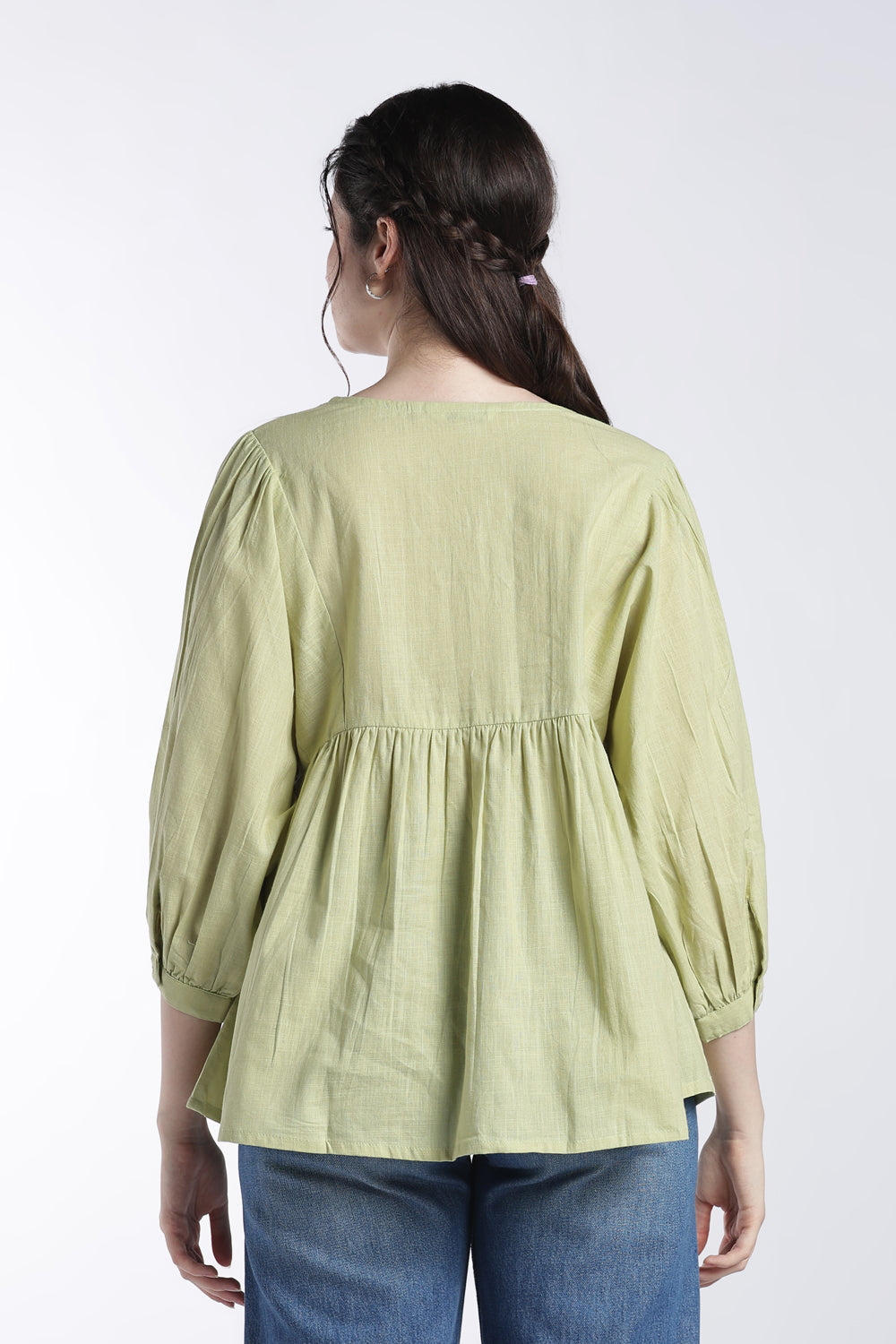 Green Balloon Sleeves Loose Fit Tunic For Women - Image 5