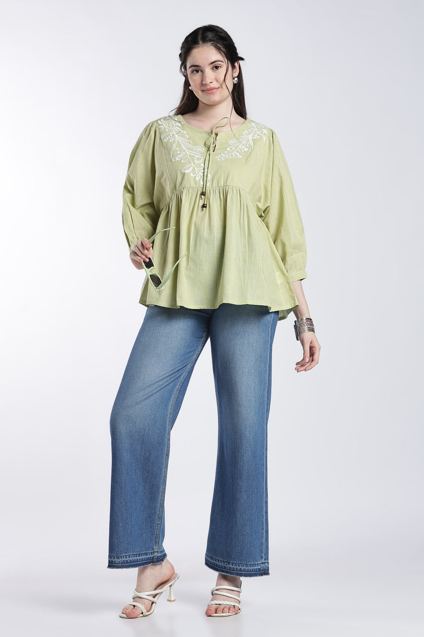 Green Balloon Sleeves Loose Fit Tunic For Women - Image 6