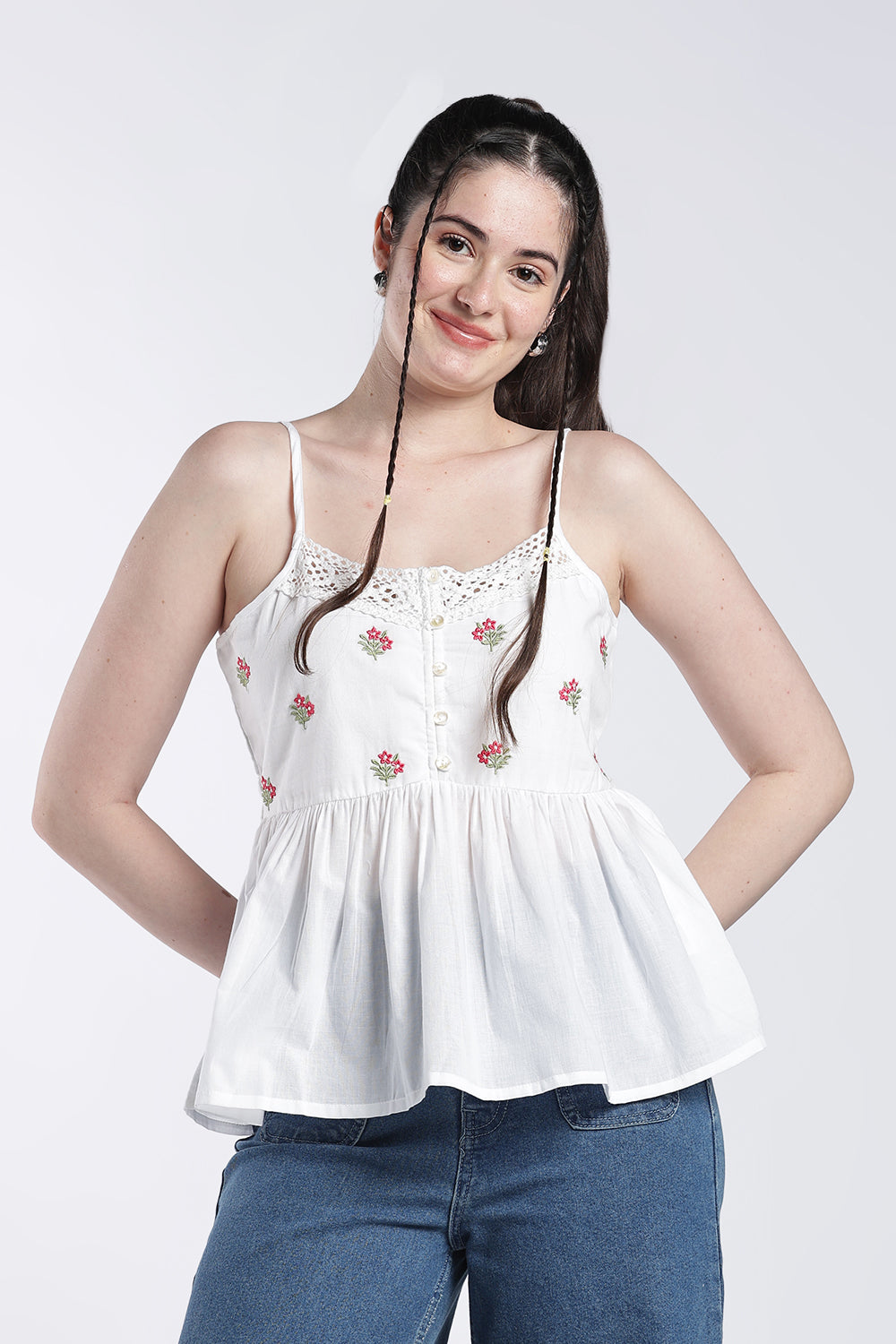 White Shoulder Straps Sleeves Regular Fit Tunic For Women - Image 2