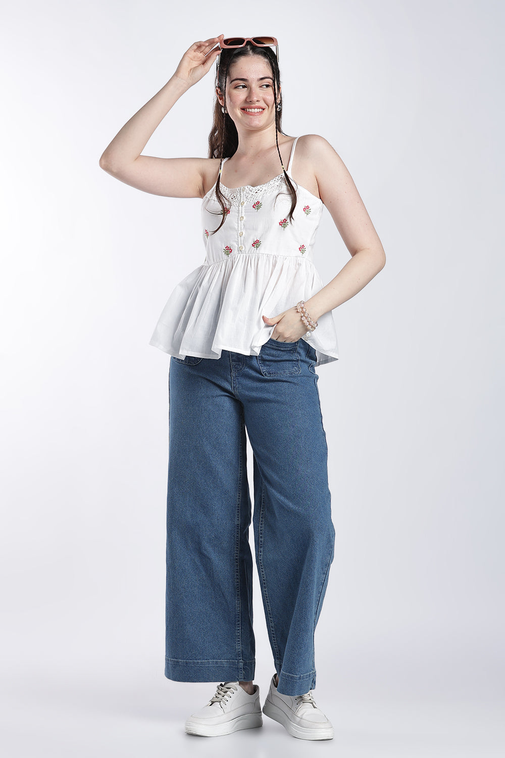 White Shoulder Straps Sleeves Regular Fit Tunic For Women - Image 6