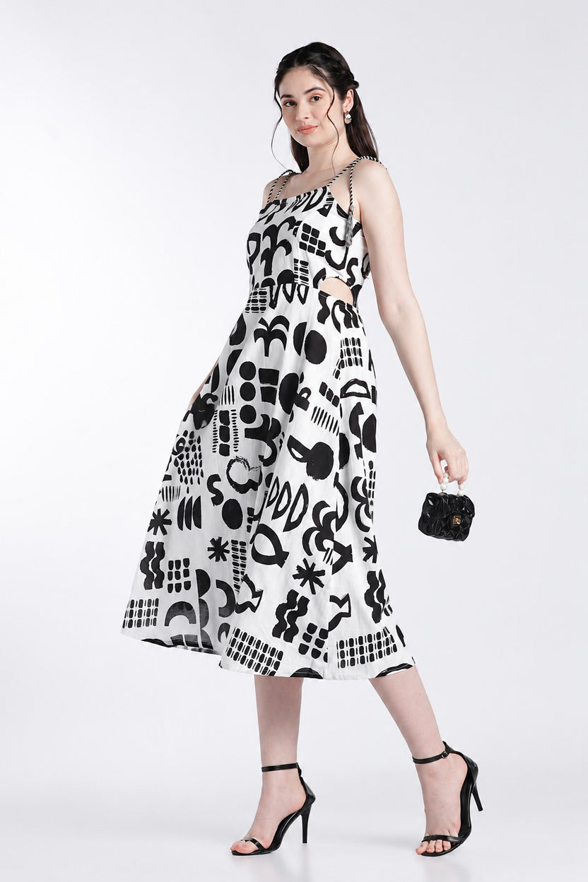 White and Black Shoulder Straps Sleeves Fit Dress for Women - Image 1