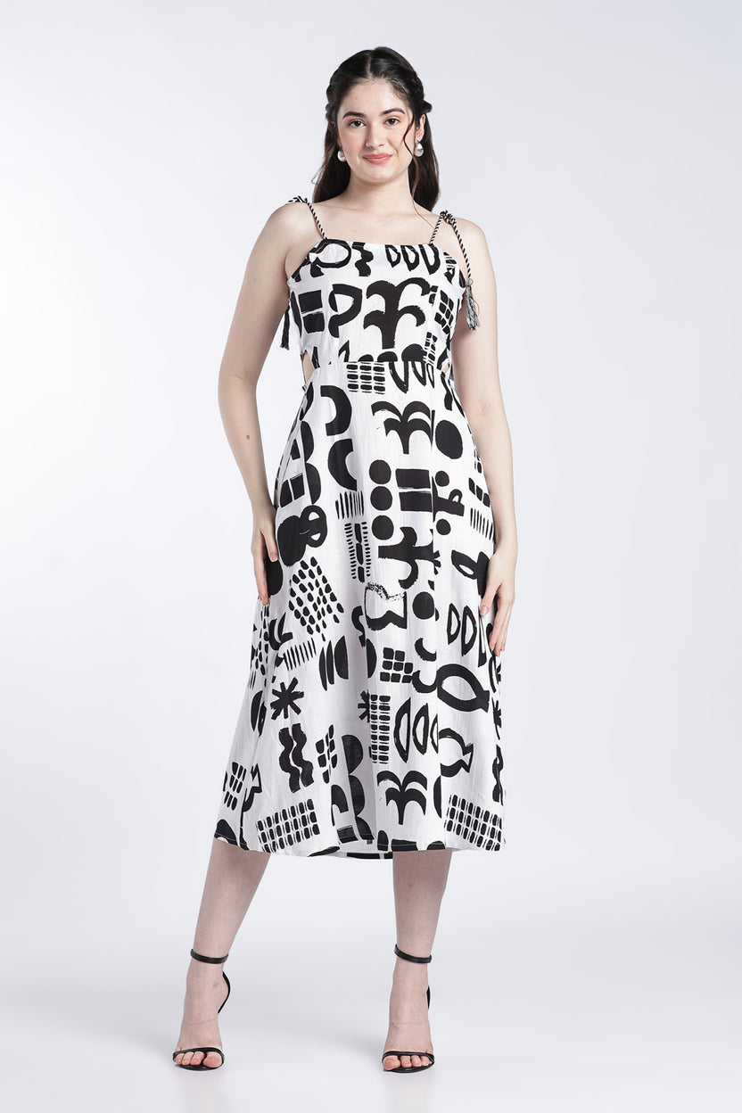 White and Black Shoulder Straps Sleeves Fit Dress for Women - Image 2