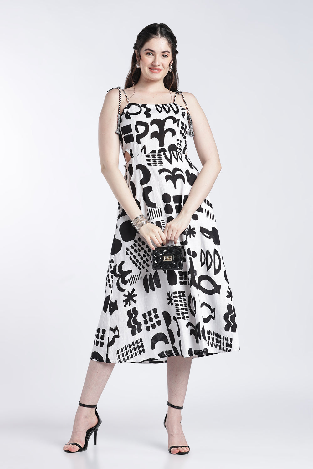White and Black Shoulder Straps Sleeves Fit Dress for Women - Image 6