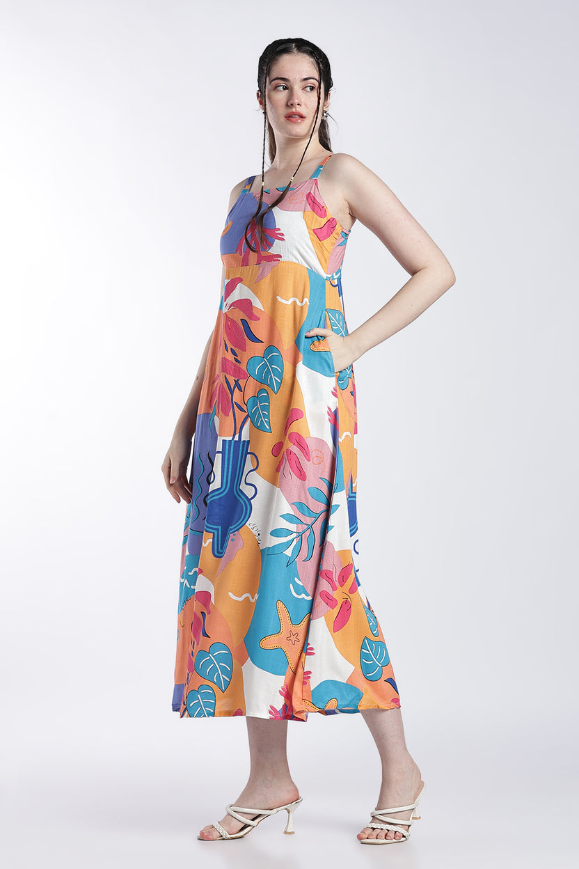 Multi Coloured Shoulder Straps Sleeves Fit Dress For Women - Image 4