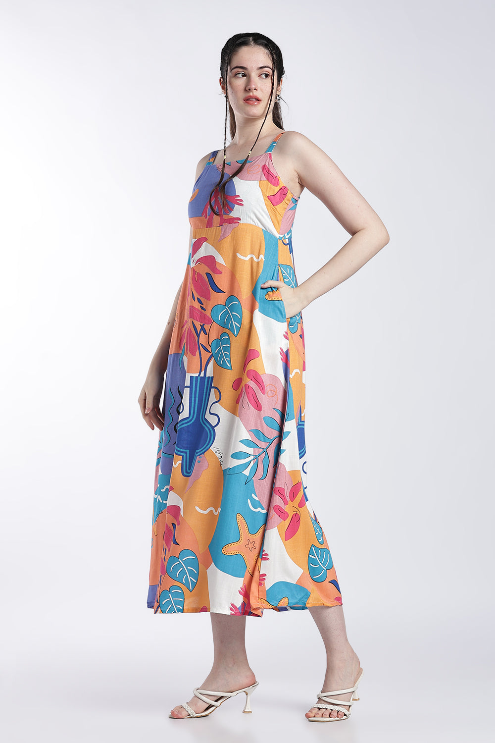 Multi Coloured Shoulder Straps Sleeves Fit Dress For Women - Image 4