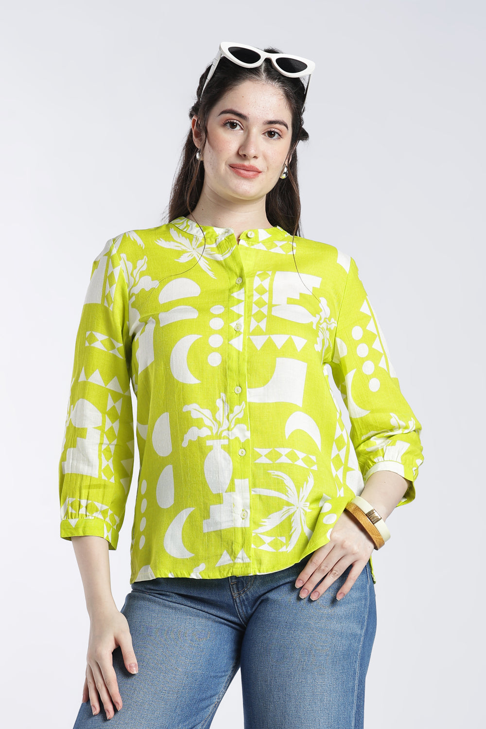 Lime Geometric Regular Fit Top For Women - Image 1