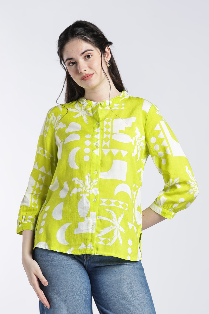 Lime Geometric Regular Fit Top For Women - Image 2