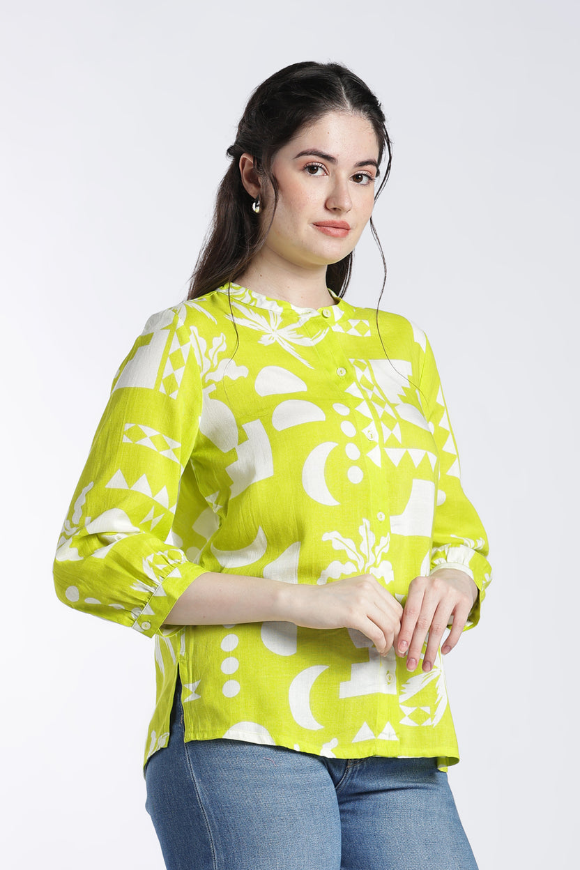 Lime Geometric Regular Fit Top For Women - Image 4