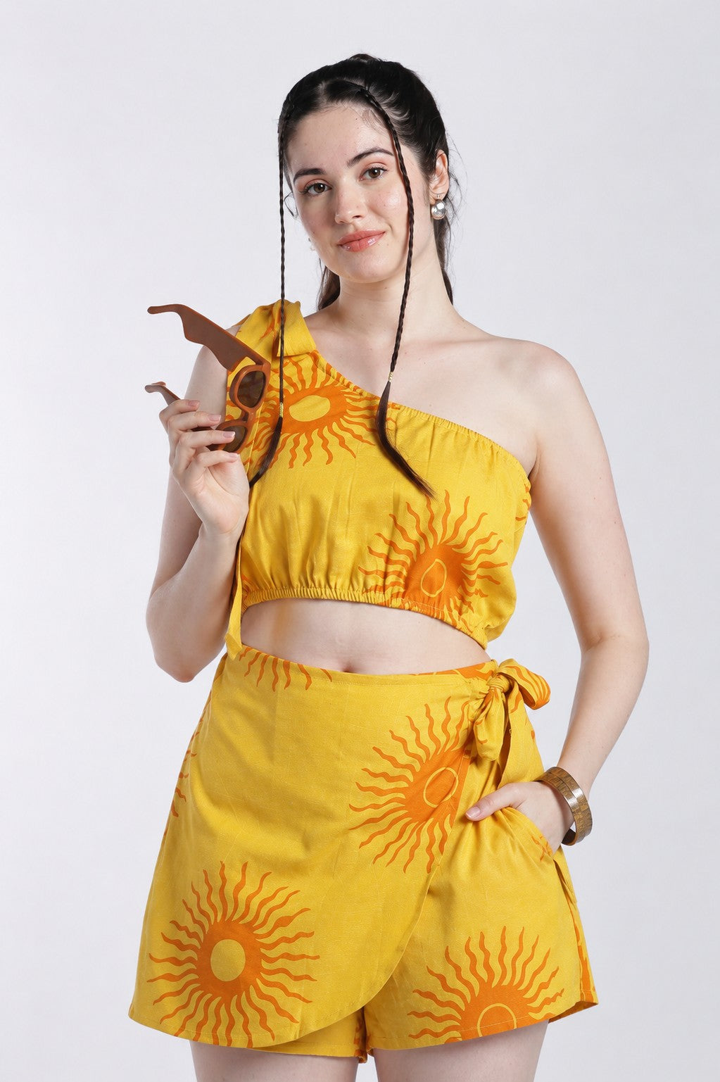 Yellow Shoulder Straps Sleeves Regular Fit Crop Top - Image 1